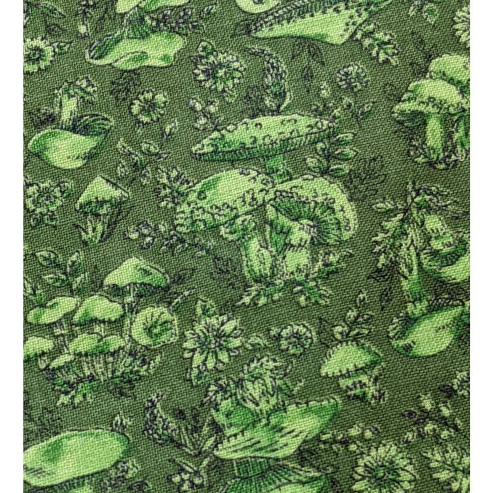 Vintage 1970's Mushroom Fabric Avocado Green Cottagecore Funky Calico Print 3yd - Picture 3 of 10